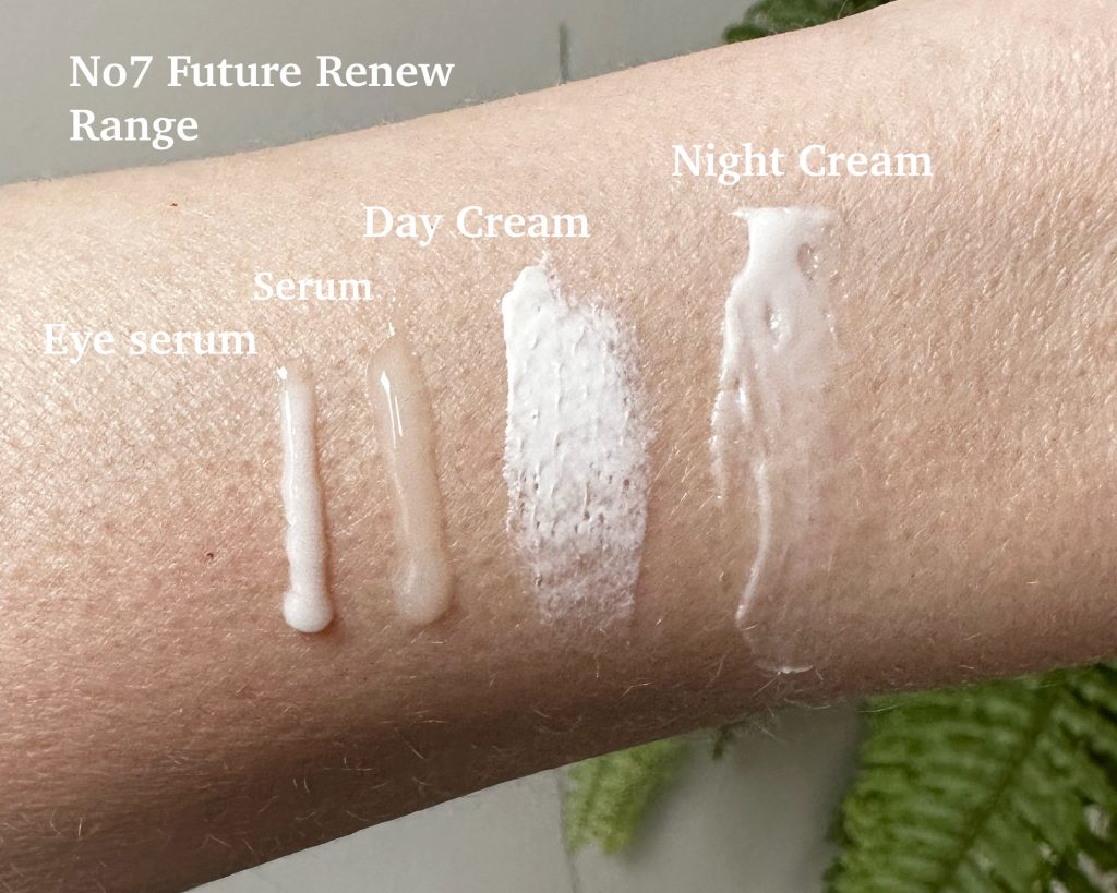 Amy, a beauty blogger, has reviewed the No7 Future Renew range. In this picture, she shows the No7 future renew range by swiping some of each product on her arm.