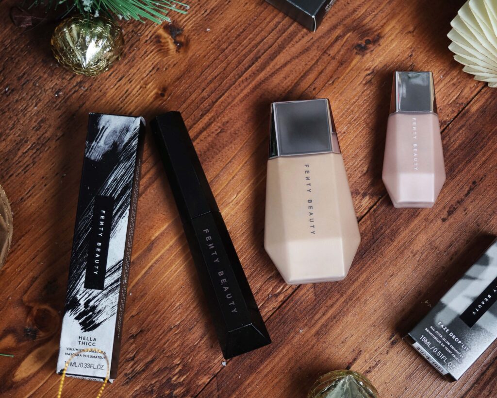 affordable christmas gifts with Fenty beauty Hella thicc mascara, eaze luminizer