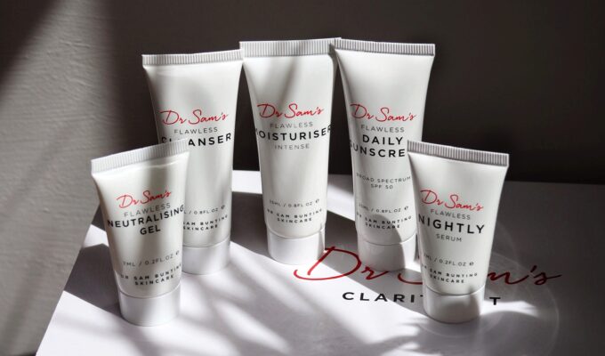 Dr Sam's Skincare Clarity Kit - curated for blemish prone skin. An image of trail sizes of skincare suited for acne skin.